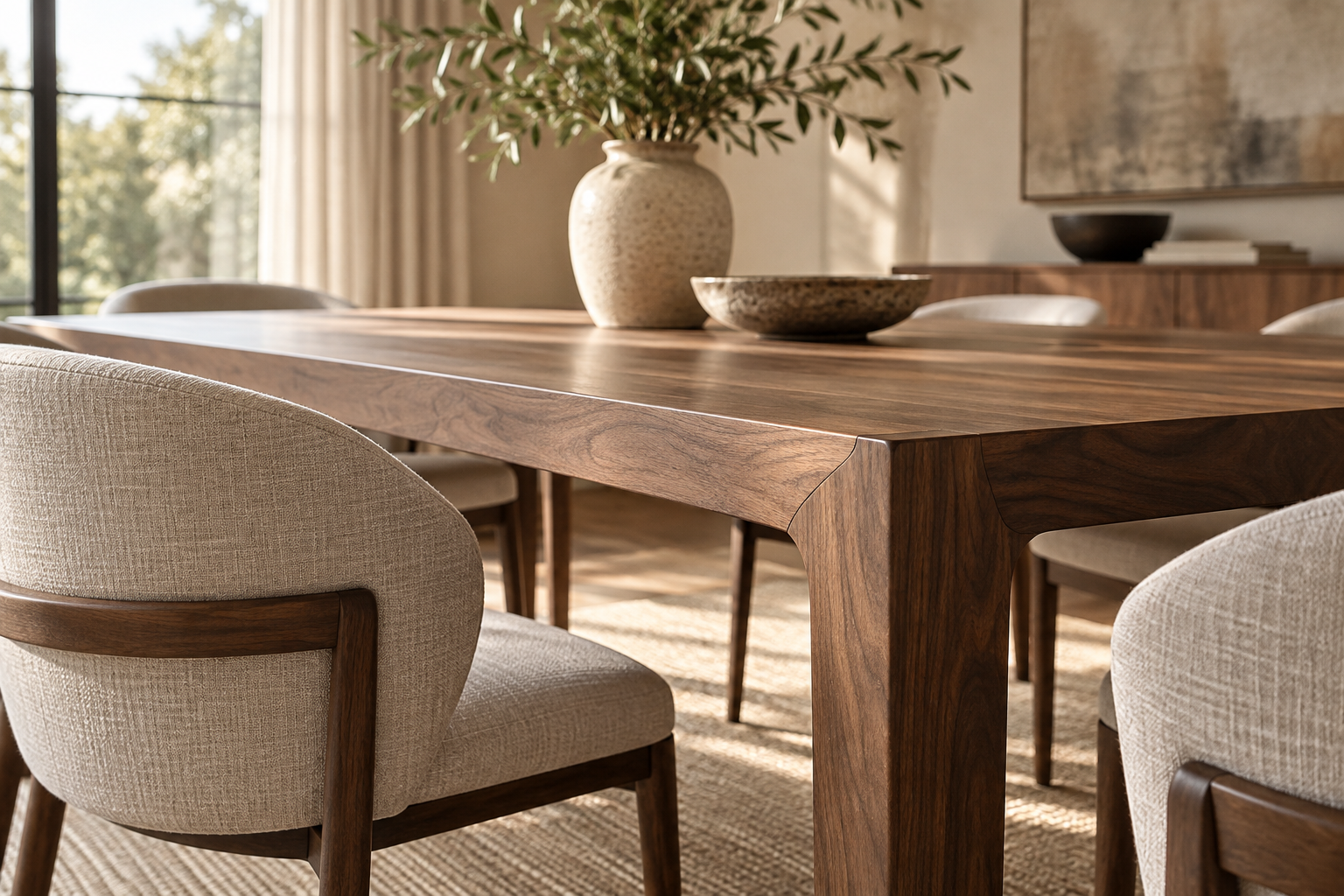 Walnut dining furniture and upholstery design concept